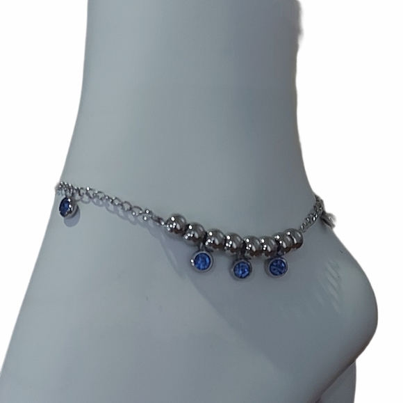 Blue CZ Anklet Rhodium Plated,316L S.Steel - Picture 3 of 9